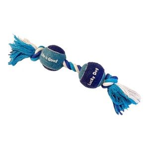 Life is Good Rope and Tennis Ball Dog Toy Blue White S/M